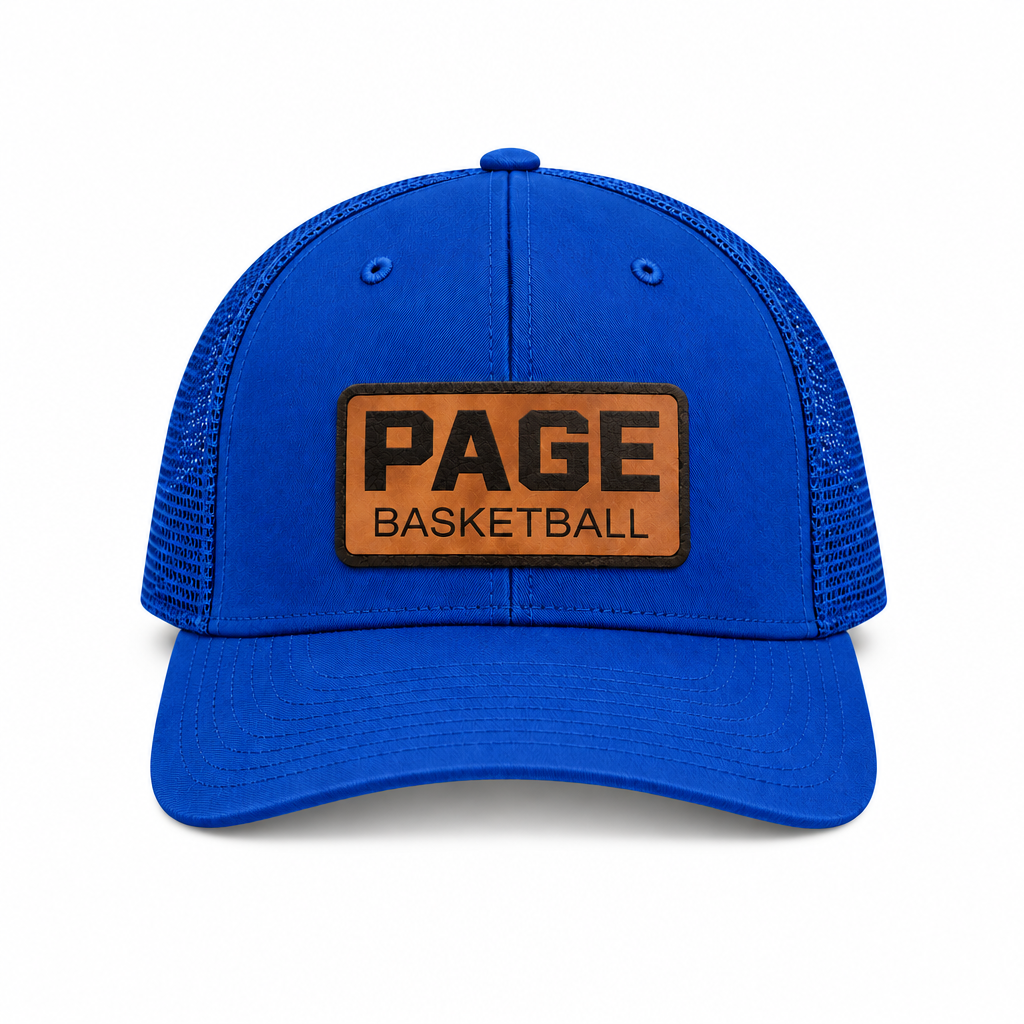 Blue Page Basketball trucker hat on a white background