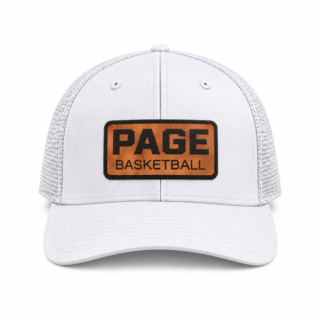 White Page Basketball trucker hat on a white background