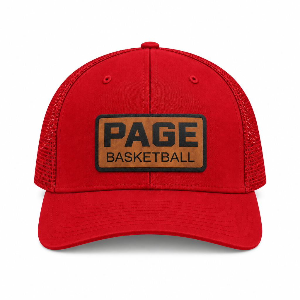 Red Page Basketball trucker hat on a white background